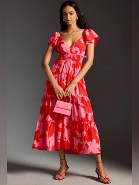 By Anthropologie Tiered Flutter-Sleeve Pink & Fuchsia Dress Size Medium